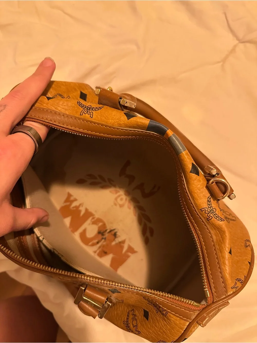 MCM Cognac Visetos Satchel with Navy and Orange Center Stripes